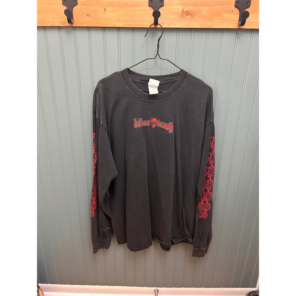 Biker Trash Mens XL Long Sleeve Graphic T-Shirt Black Skull Flames Tribal